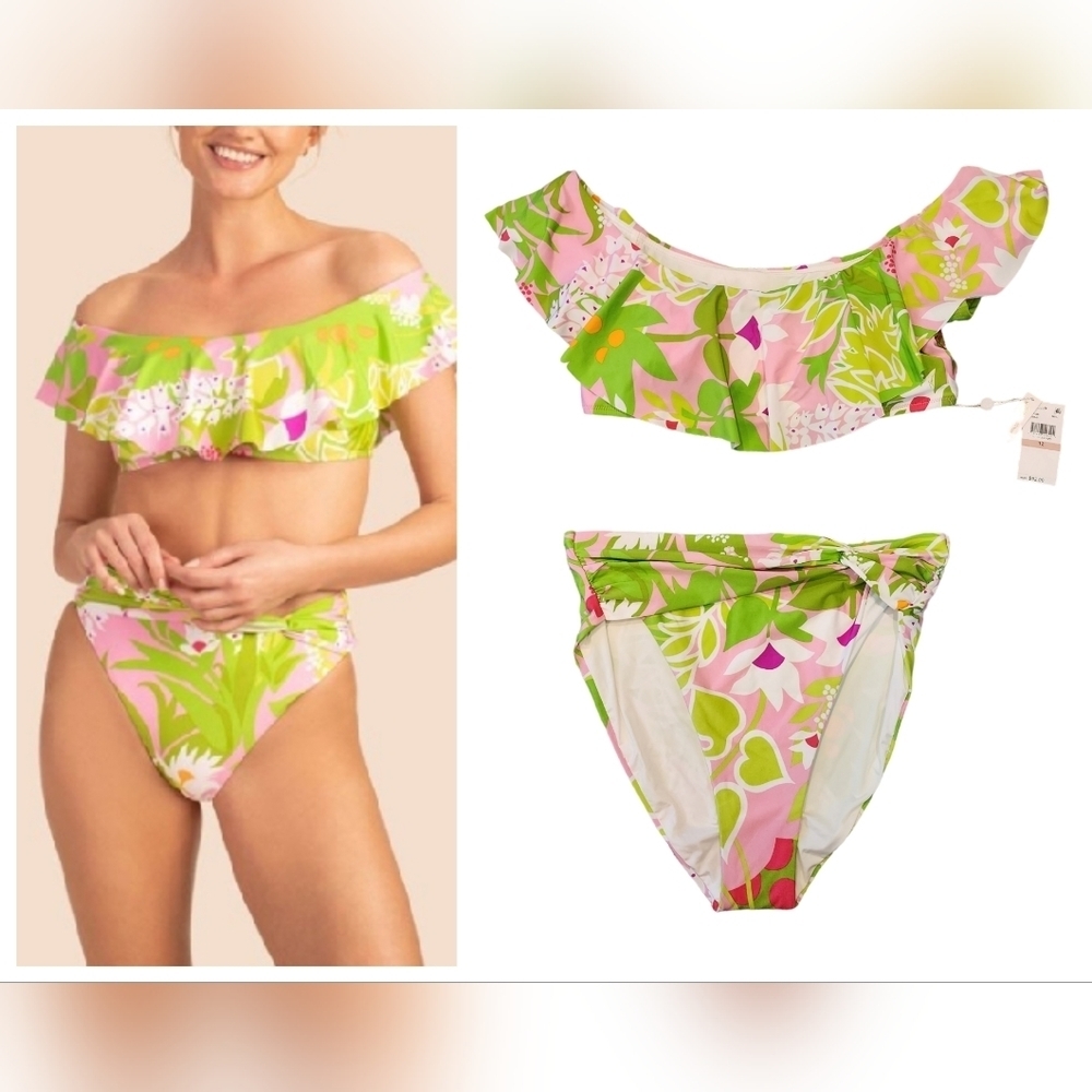 NWT Trina Turk Bikini Set La Palma Highwaist Bottoms Off Shoulder Top Size 12
